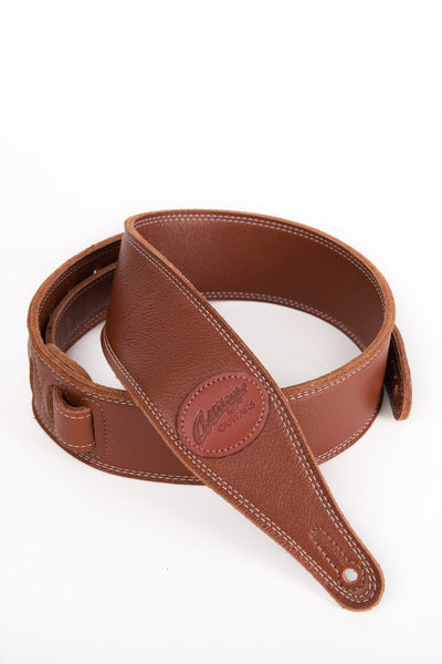 Brown 2 1/2" triple-ply super-soft garment leather guitar strap with Collings Logo