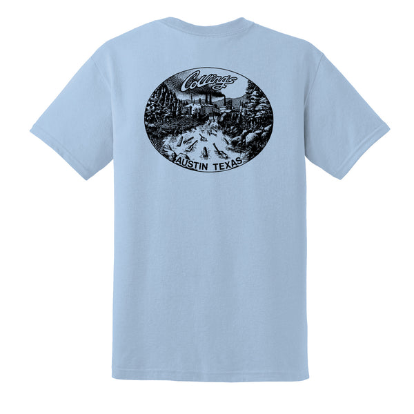 Mens Collings Factory Label Graphic T-Shirt - Heather Blue