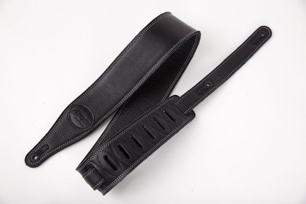 Black 2 1/2" triple-ply super-soft garment leather guitar strap with Collings Logo