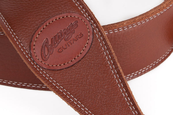 Brown 2 1/2" triple-ply super-soft garment leather guitar strap with Collings Logo